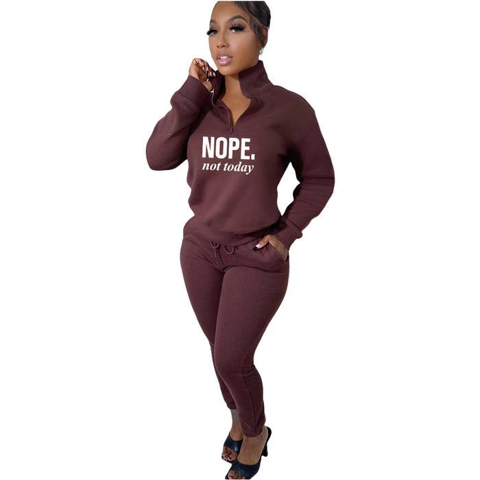 Urban Autumn Winter Printed Alphabet plus Velvet Pullover Zipper Casual Sports Suit