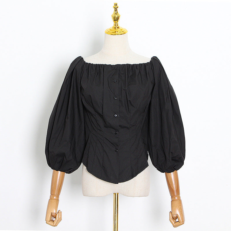 Solid Color Slim Fit Shirt Autumn Lantern Sleeve off Shoulder Single Breasted Shirt for Women