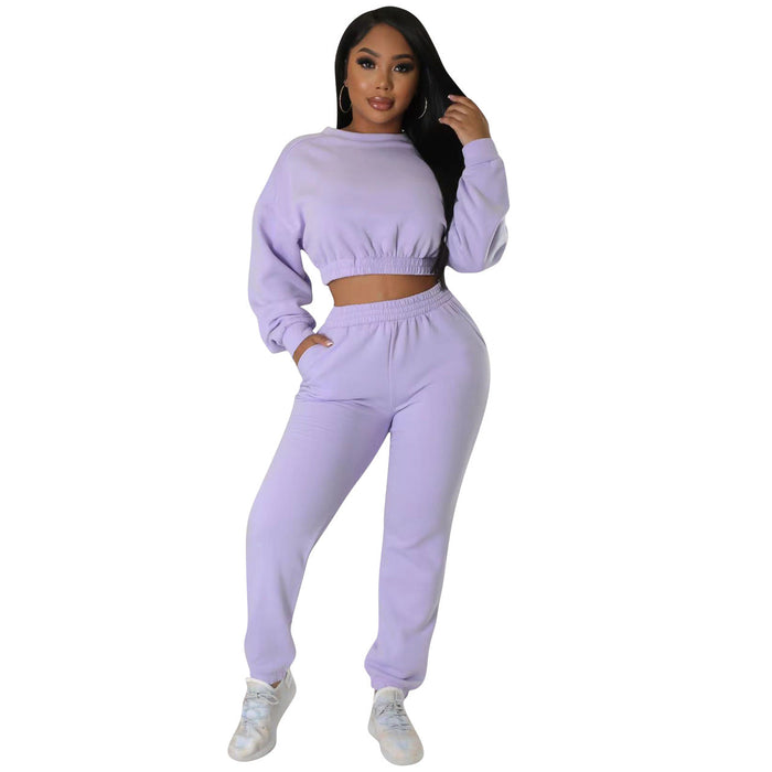 Women Clothing Autumn Winter Casual Sweater Suit Solid Color Two Piece Set