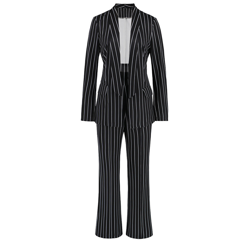 Autumn Winter Casual Striped Blazer Straight Wide Leg Pants Suit Two Piece Suit