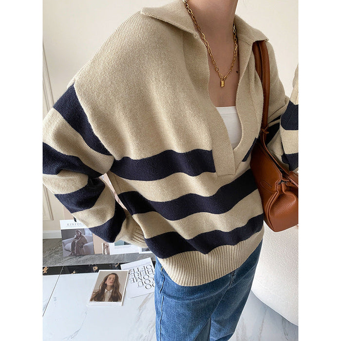 Casual Polo Large V-neck Striped Sweater Autumn Winter Loose Pullover