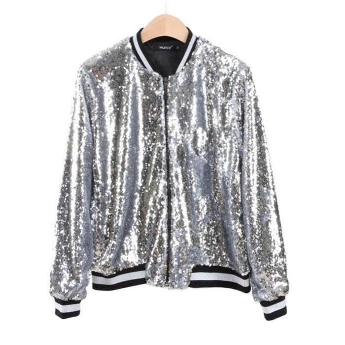 Street Hipster Women Casual Zipper Jacket Sequined Colored Rib Varsity Jacket Jacket