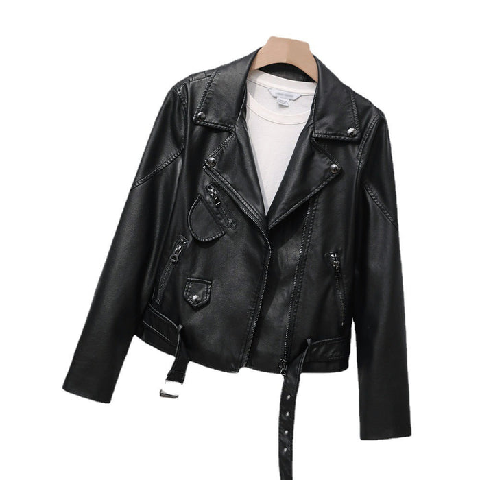 Heavy Industry Zipper Collared Belt Women Faux Leather Jacket Haining Motorcycle Clothing Slim Short Coat