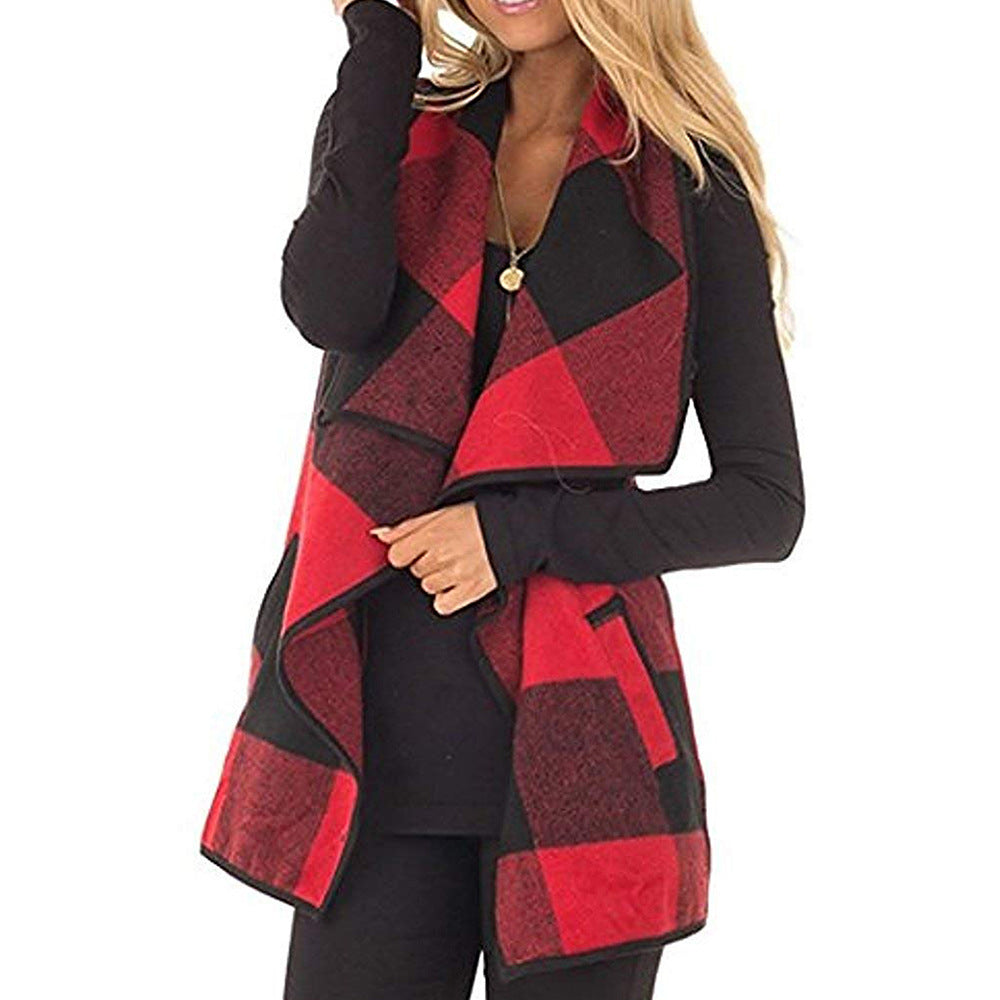 Spring Summer Women Clothing Vest Top Plaid Collared Sleeveless Cape Woolen Coat