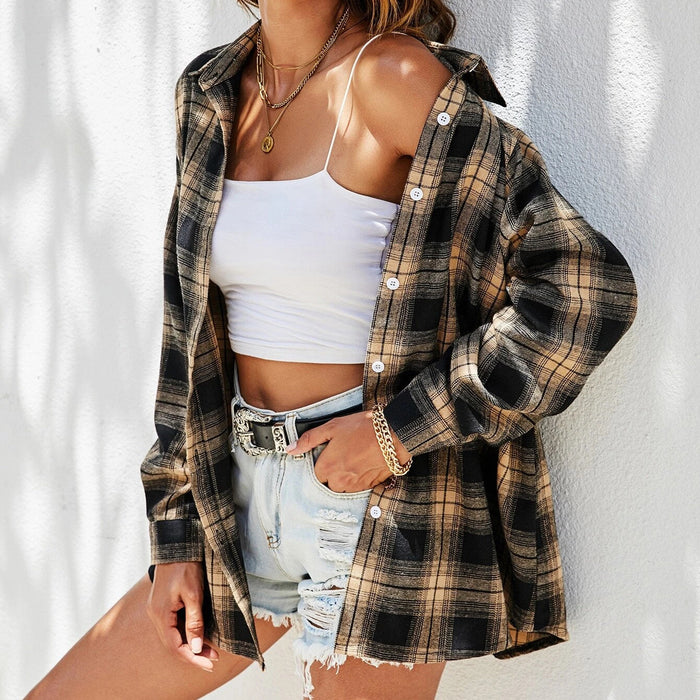 Spring Summer New Street Hipster Design Loose Slimming Single Breasted Collared Long Sleeve Plaid Shirt Outerwear