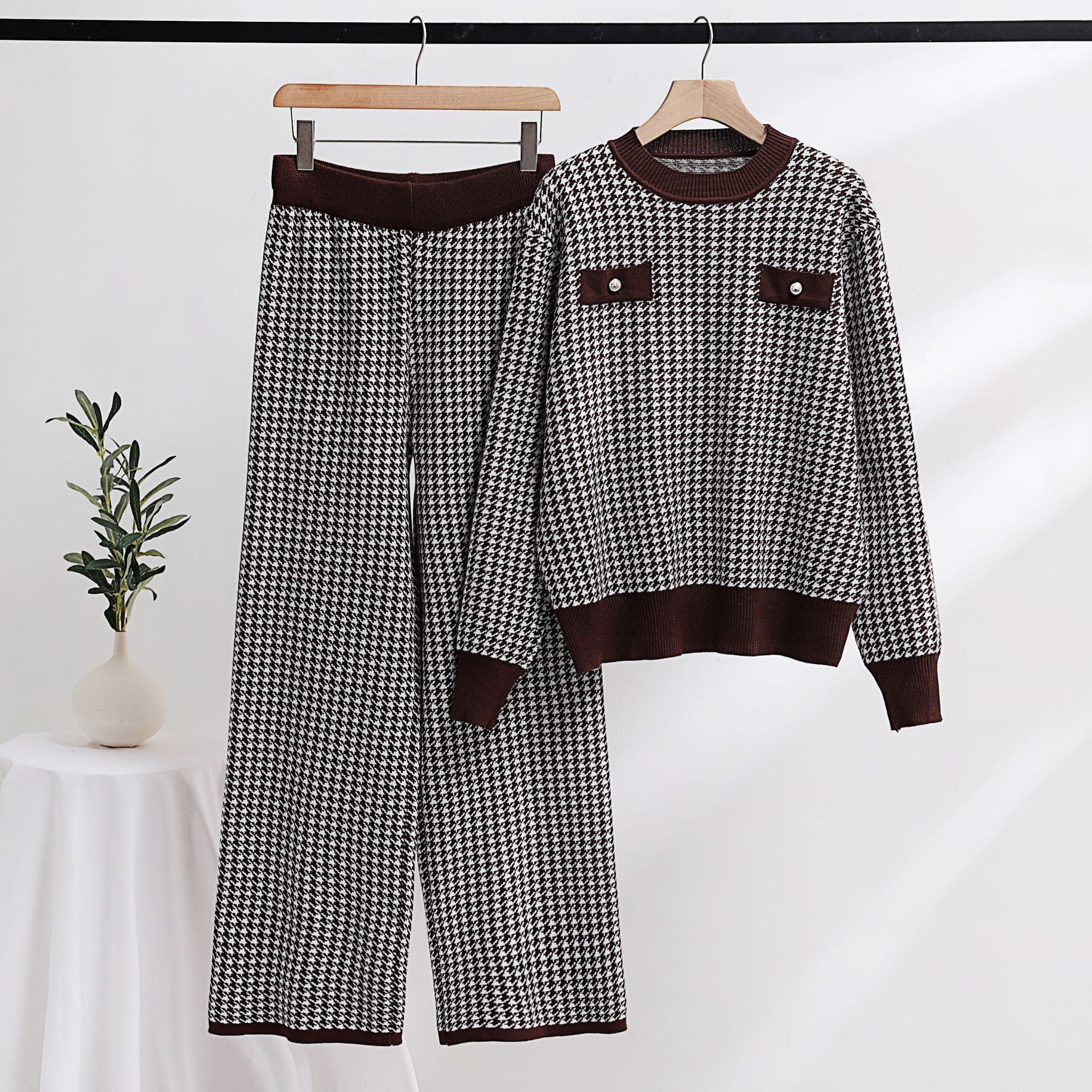 Casual Women Clothing Long Sleeved Wide Leg Pants Houndstooth Two Piece Set Office Daily Two Piece Set