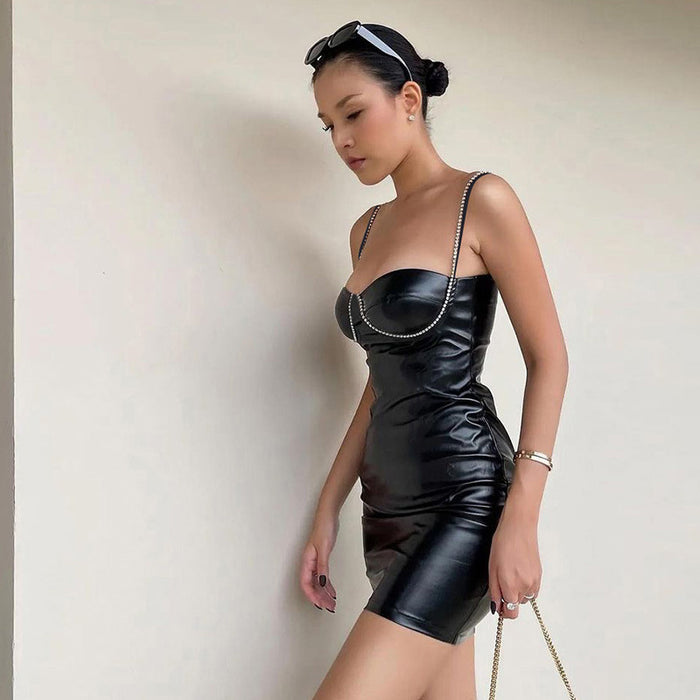 Women Clothing Leather Imitation Drill Chain Autumn Winter Sexy Slim Strap Sheath Dress