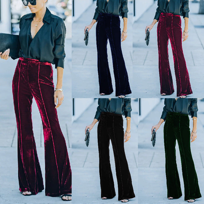 Fall Women Clothing Gold Velvet Bootcut Trousers High Waist Casual Pants