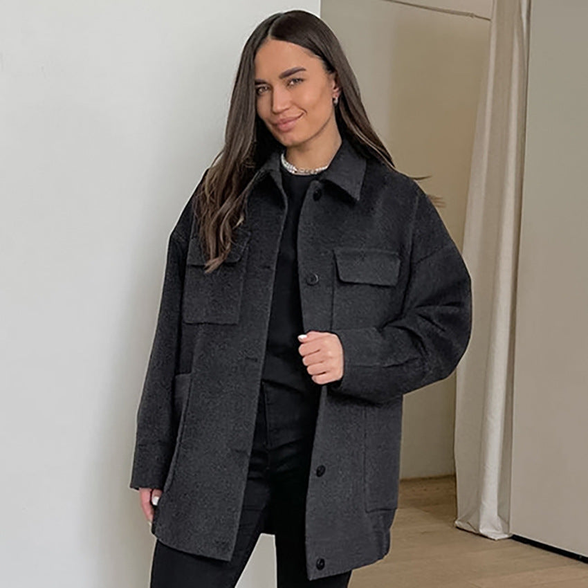 Dark Gray Woolen Coat Collared Single Breasted Neutral Minimalist Autumn Winter Retro Shirt for Women