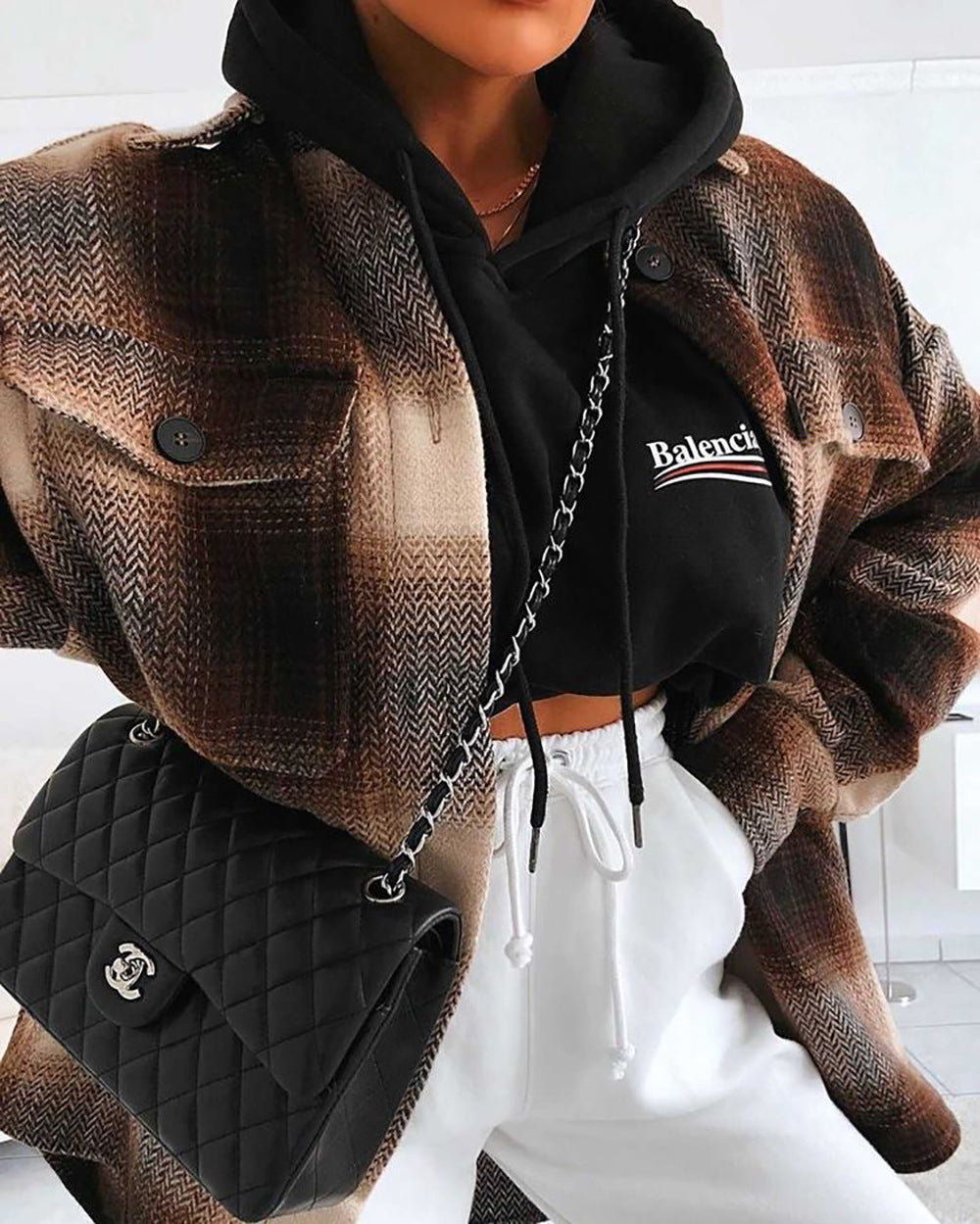 Blogger Women Clothing Autumn Winter Collared Plaid Shacket Office Loose Single-Breasted Woolen Coat