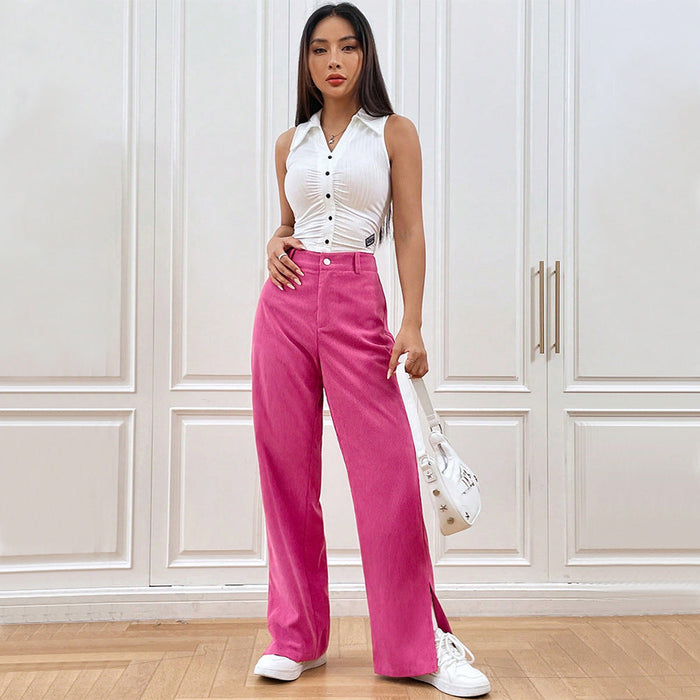 Corduroy Casual Straight Pants Lower Leg Slit Fashionable Women Clothing Winter Pants