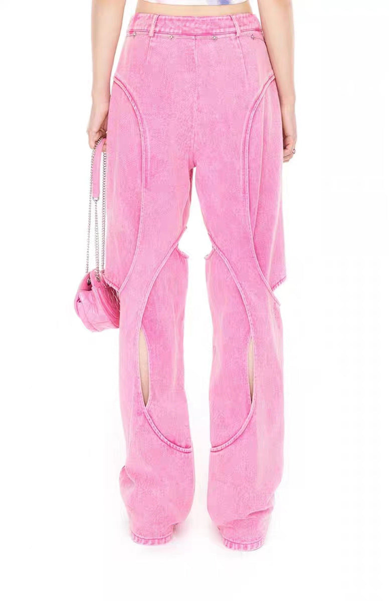 Autumn Hollow Out Cutout Out See Through Irregular Asymmetric Barbie Pink Denim Pants Casual Pants Women