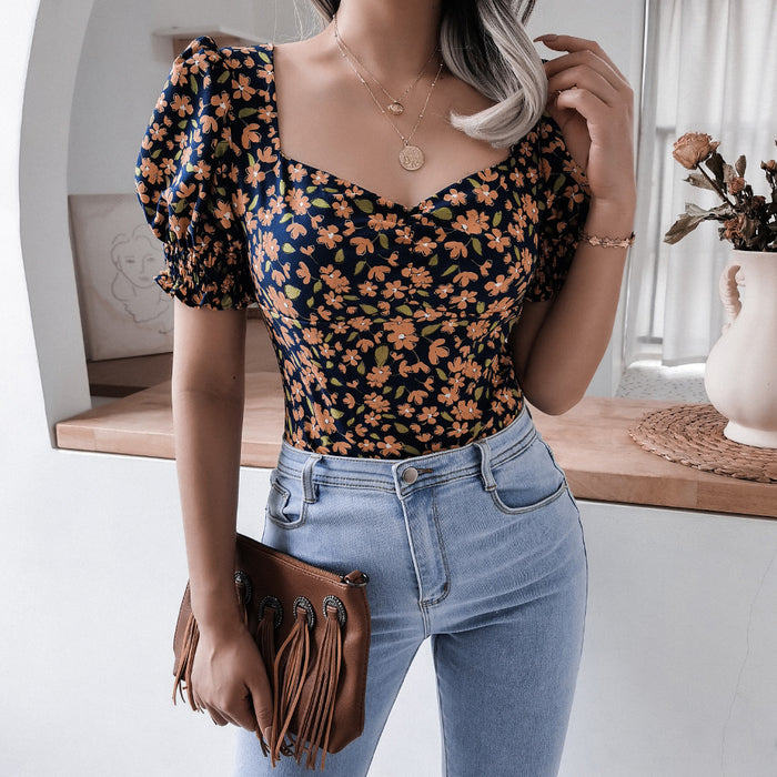 Summer Casual Lantern Sleeve Square Collar Sexy Floral Chiffon Estampado Floral Blouse Top Women Clothing Blusas