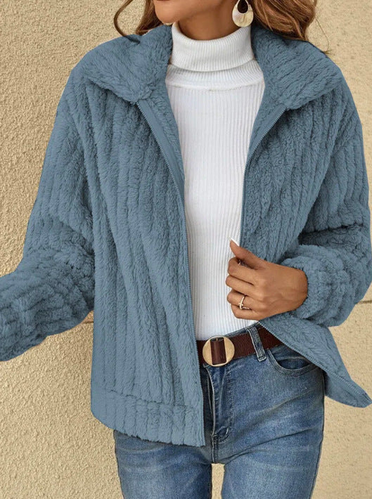 Women Clothing Autumn Winter Sunken Stripe Velvet  Collared Short Coat Outerwear