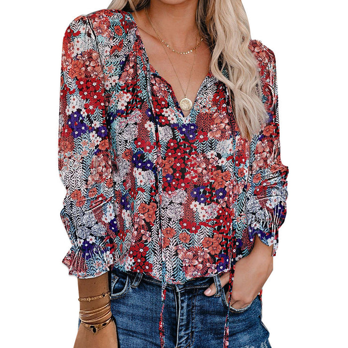 Bohemian Long-Sleeved Chiffon Shirt Women Loose V-neck Pullover Top