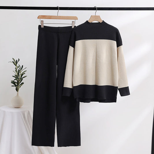 Autumn Winter Comfort Casual Contrast Color Suit Knitted Sweater Wide Leg Pants Office Two Piece Women Clothing