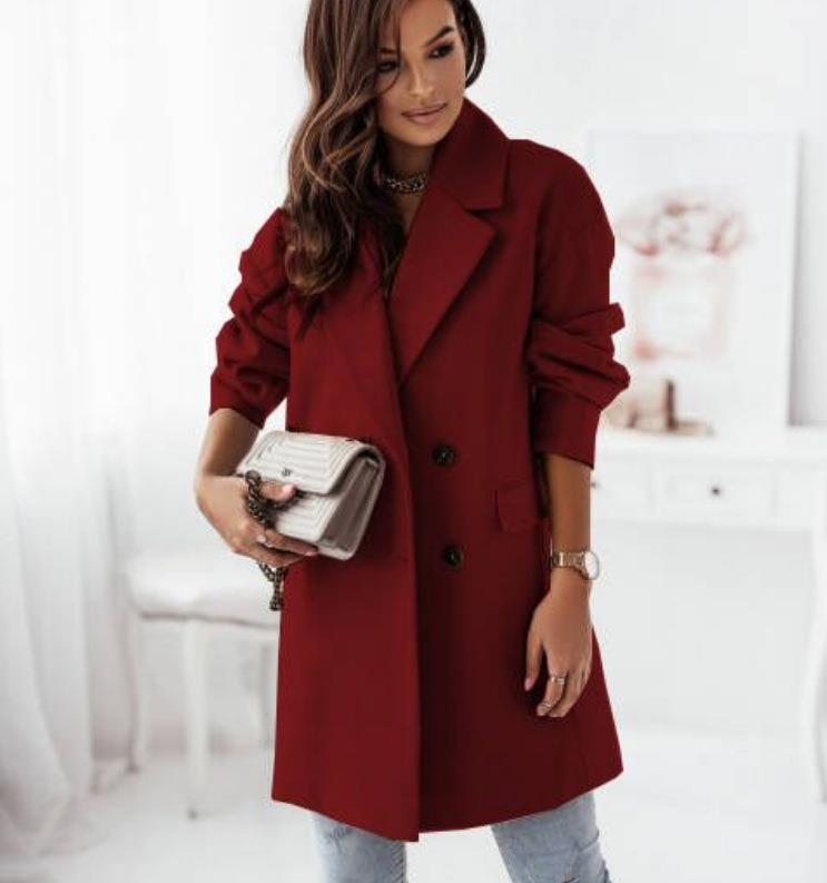 Popular Autumn Winter Long Sleeve Set Collar Double Breasted Woolen Coat Women
