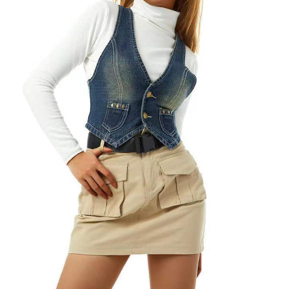 Stylish Graceful Simple Retro Women Denim Vests