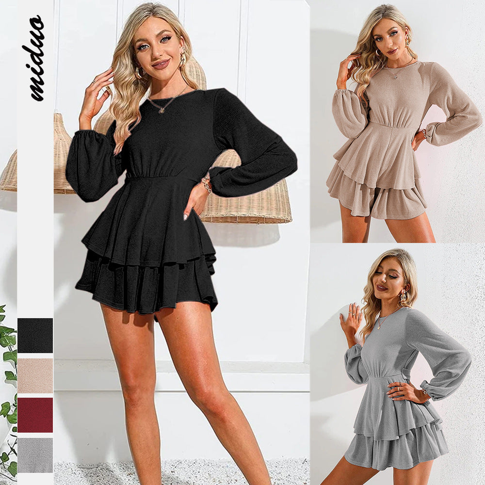 Fall Women Clothing Solid Color Sexy Backless Lantern Long Sleeve Ruffled Culottes Romper