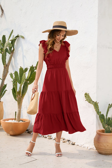 V neck High Waist Tiered Dress Maxi Dress Casual Vacation Travel Dress