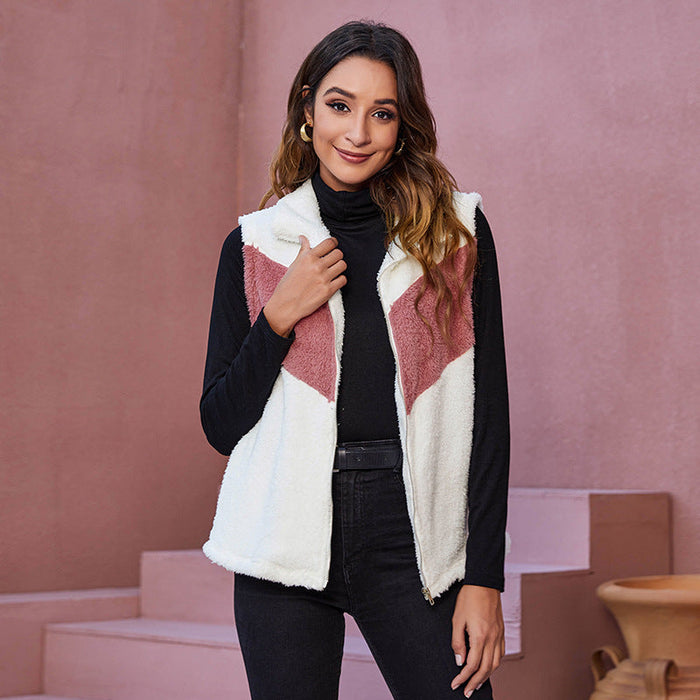 Autumn Winter Casual Contrast Color Plush Vest Vest Coat