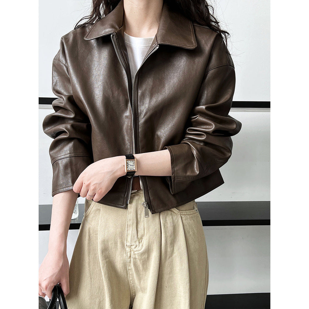 Cool Handsome High Grade Collared Leather Coat Women's Spring Autumn Hong Kong Faux Leather Jacket Motorcycle Top Trendy