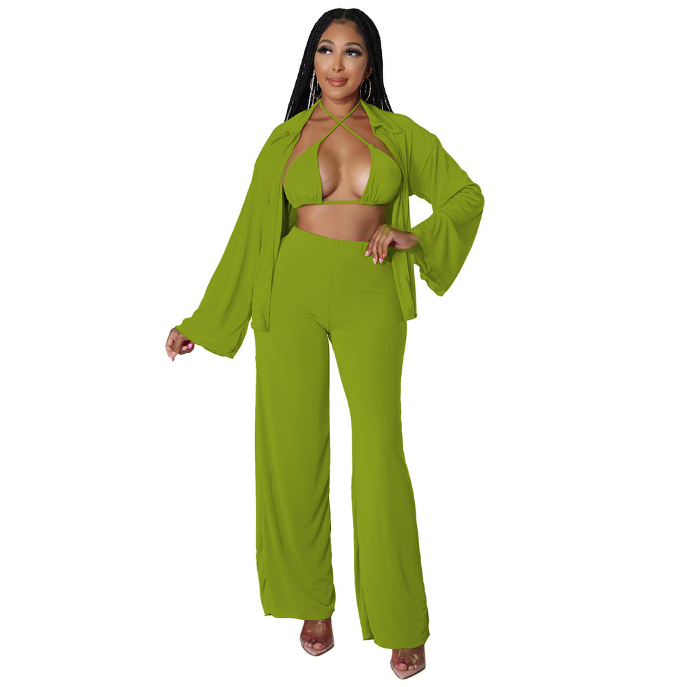 Plus Size Women Clothes Nightclub Sexy Cropped Outfit Cardigan Bell Sleeve Casual Three-Piece Suit