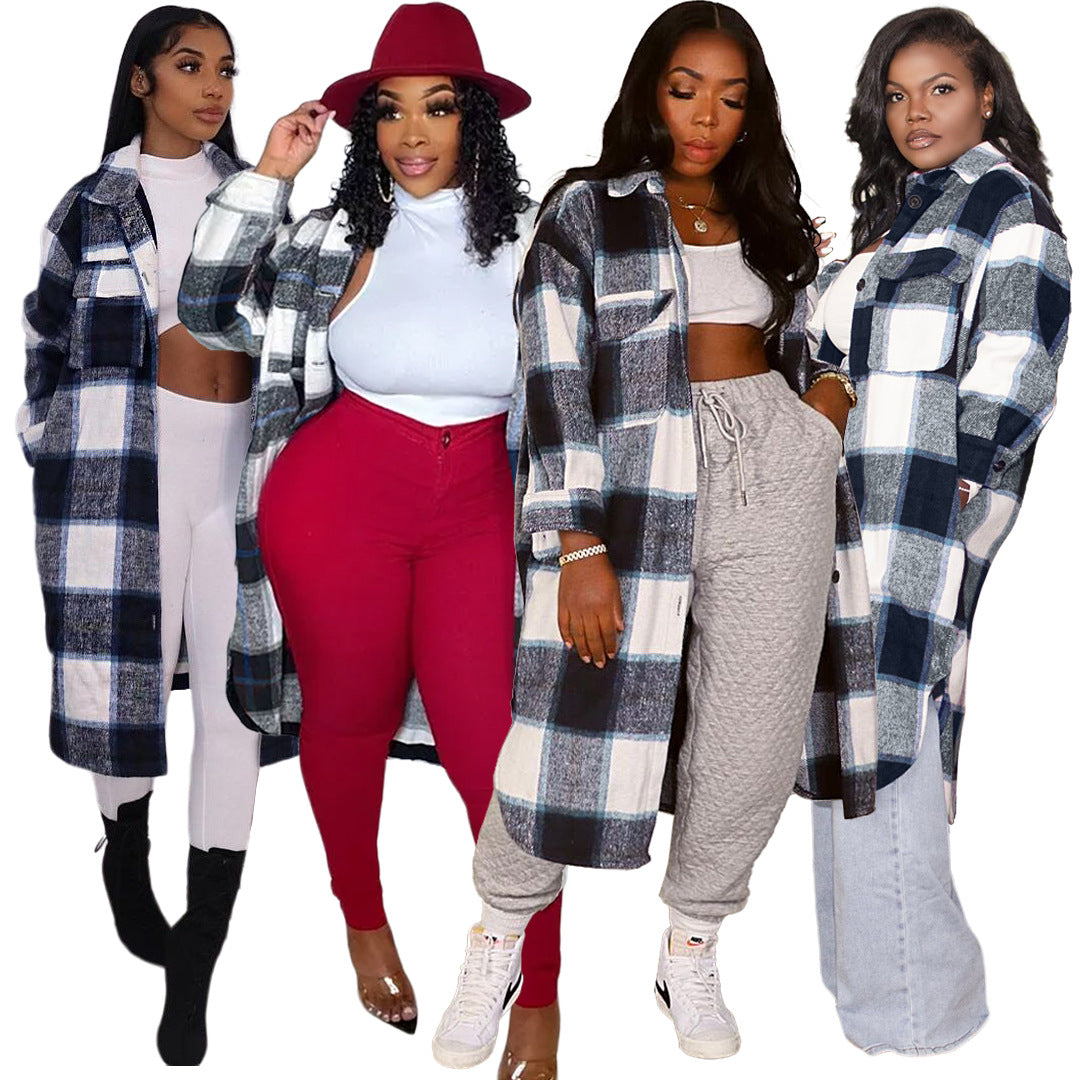 Women Clothing Nightclub Uniforms Pocket Plaid Long Shirt Coat