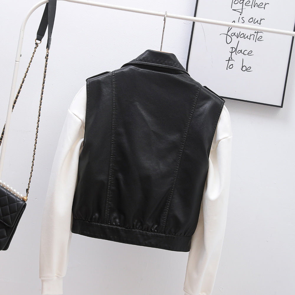 Collared Motorcycle Faux Leather Washed Leather Vest Women Spring Autumn Vest Cardigan Sleeveless Tank Top