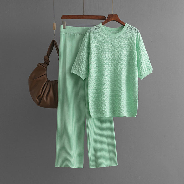 Summer Solid Color Hollow Out Cutout out Casual round Neck Short Sleeve Trousers Knitted Two Piece Set