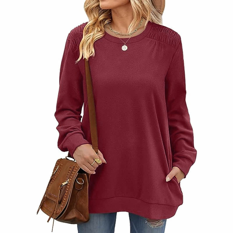 Autumn Winter Solid Color round Neck Loose Casual Long Sleeve T shirt Top for Women