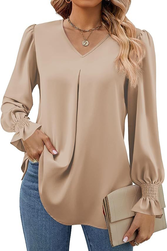 Women Clothing Autumn Winter Solid Color Chiffon Shirt V Neck Pullover Horn Long Sleeve Top Shirt