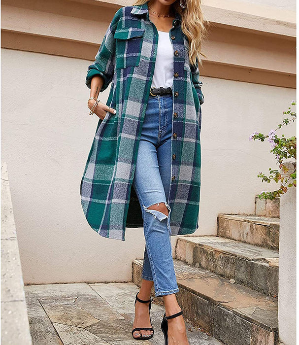 Autumn Winter Long Trench Coat Side Slit Collared Slim Women Woolen Plaid Coat