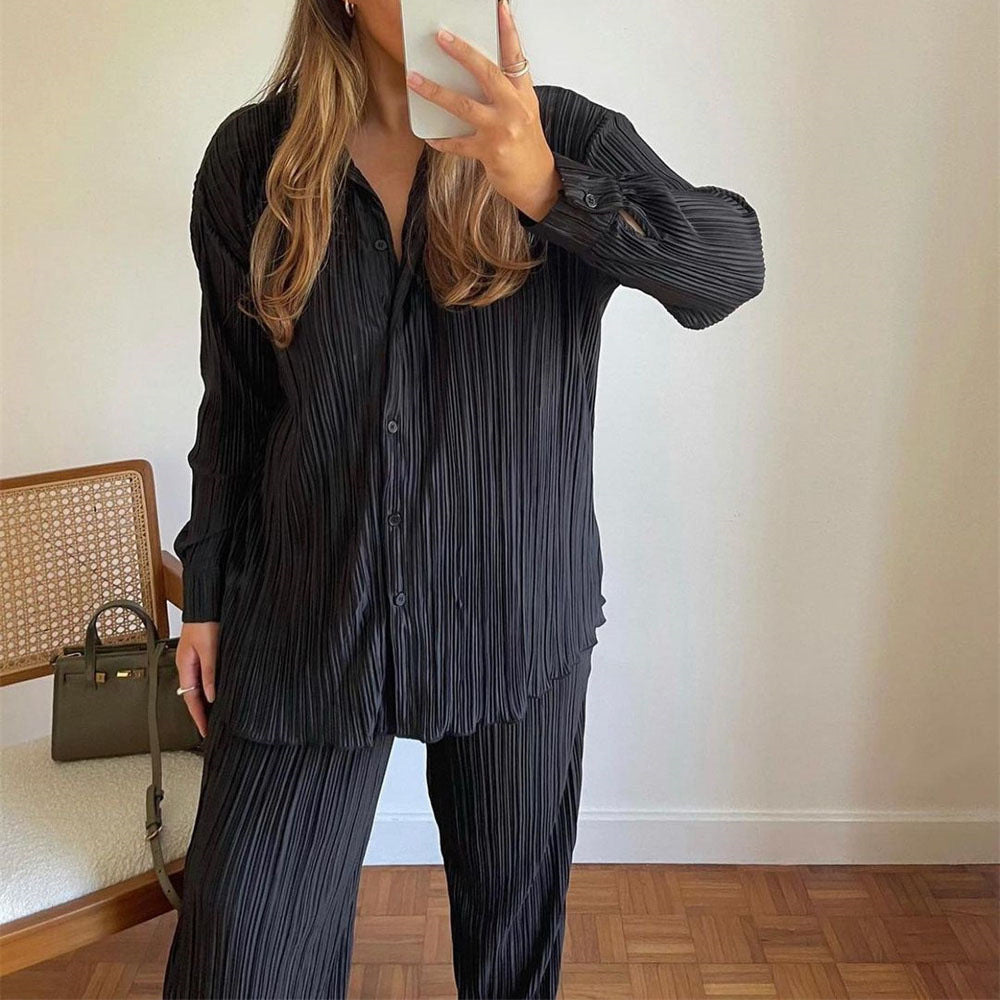 Spring Pleated Shirt Outfit Straight Leg Trousers Loose Drooping Two Piece Set for Women
