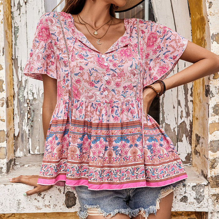 Summer Women Clothes Bohemian Printed Short Sleeve Shirt