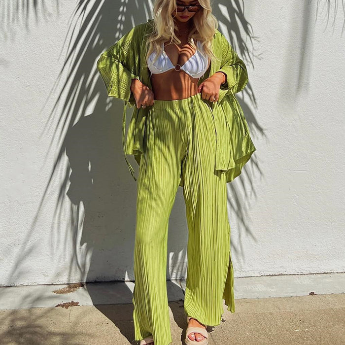 Women Clothing Spring Summer Suit Pleated Shirt Long Sleeve Collared Cardigan Split Pajamas Two Piece Suit