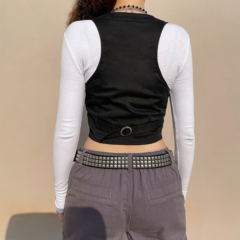 Autumn Winter Outerwear Square Collar Sling Vest Waist Lifting Chest Button Solid Color Top