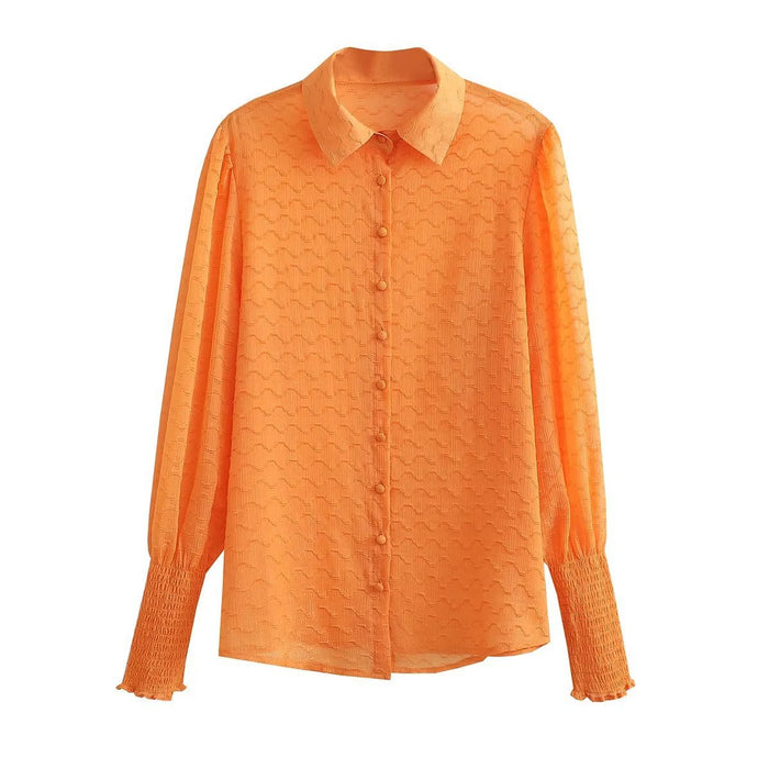 Spring Summer Two Color Embossed Loose Long Sleeved Shirt Single Breasted Top