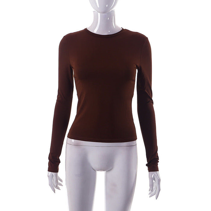 Women  Clothing Spring Solid Color round Neck Long Sleeve Basic  Top