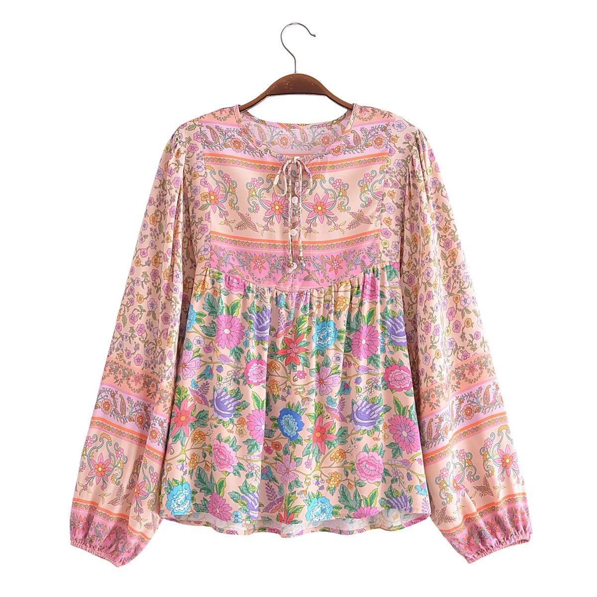 Spring Positioning Printing Patchwork Top Ethnic Vacation Long Sleeve Rayon Shirt Women