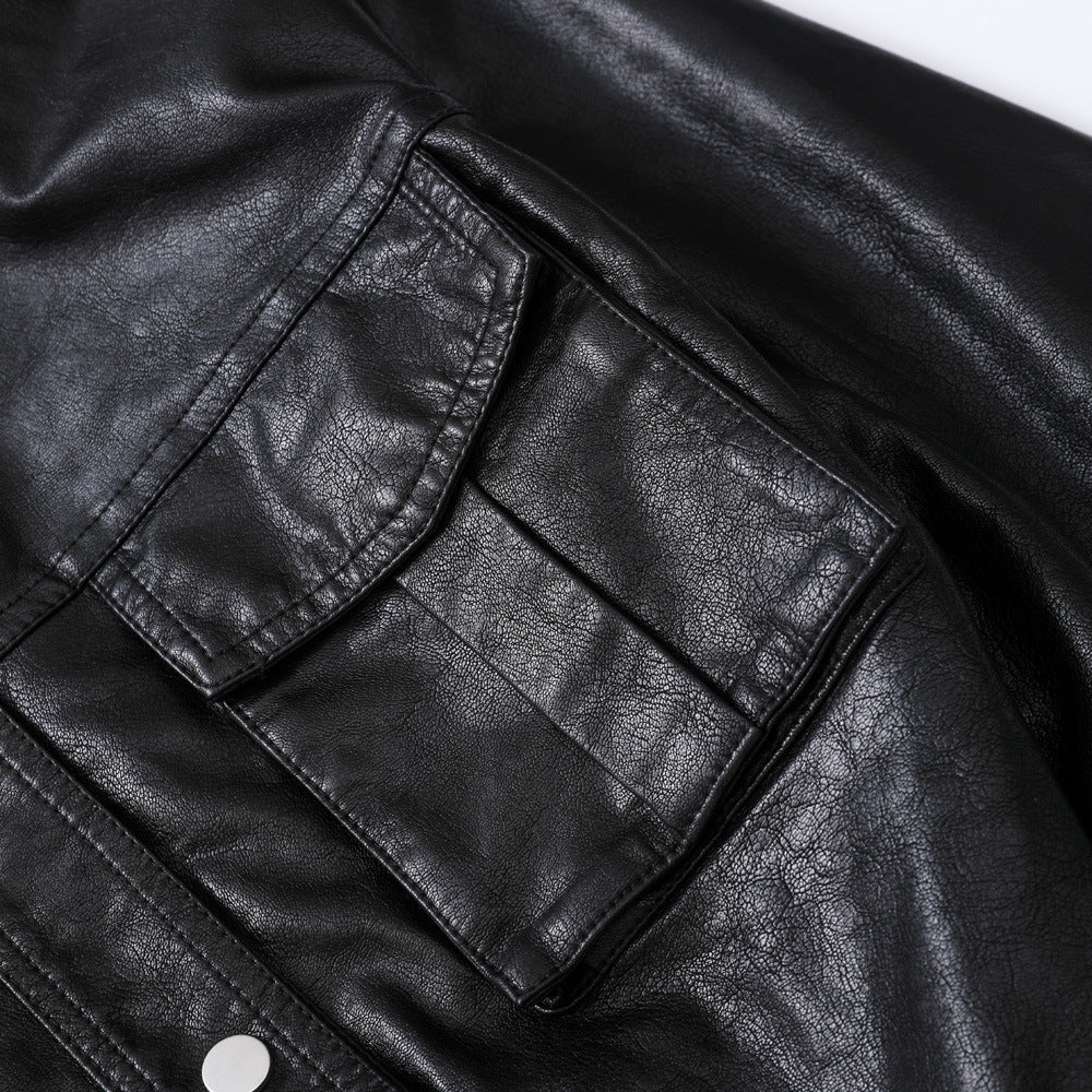 Single Breasted Collared Faux Leather Coat Pocket Motorcycle Clothing Leather Jacket Korean Fashionable Coat Women Short Spring Autumn