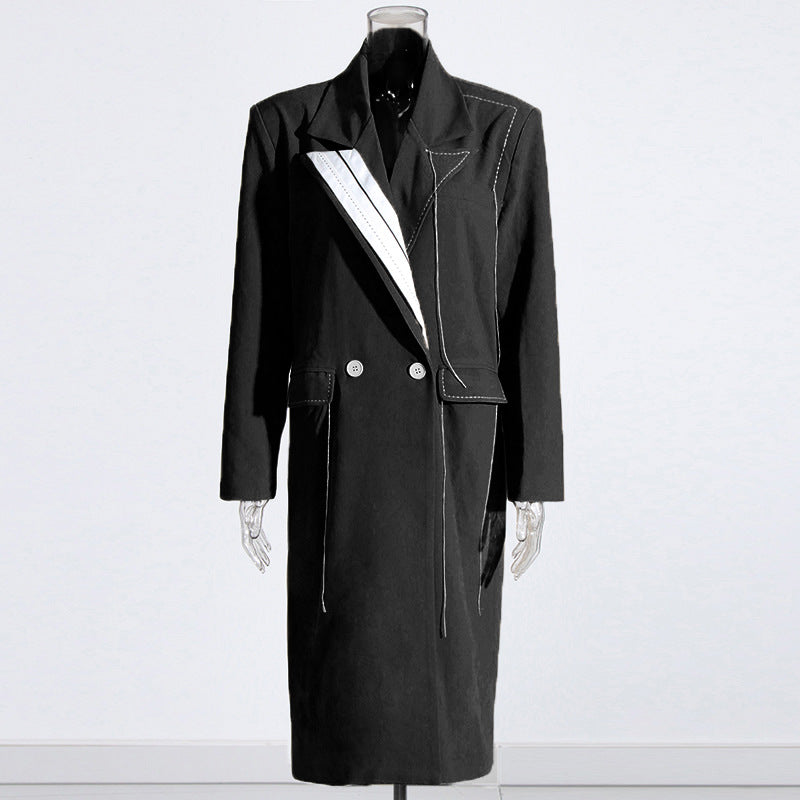 Office Long Trench Coat Fall Lapels Long Sleeve Stitching Large Pocket Double Breasted Coat