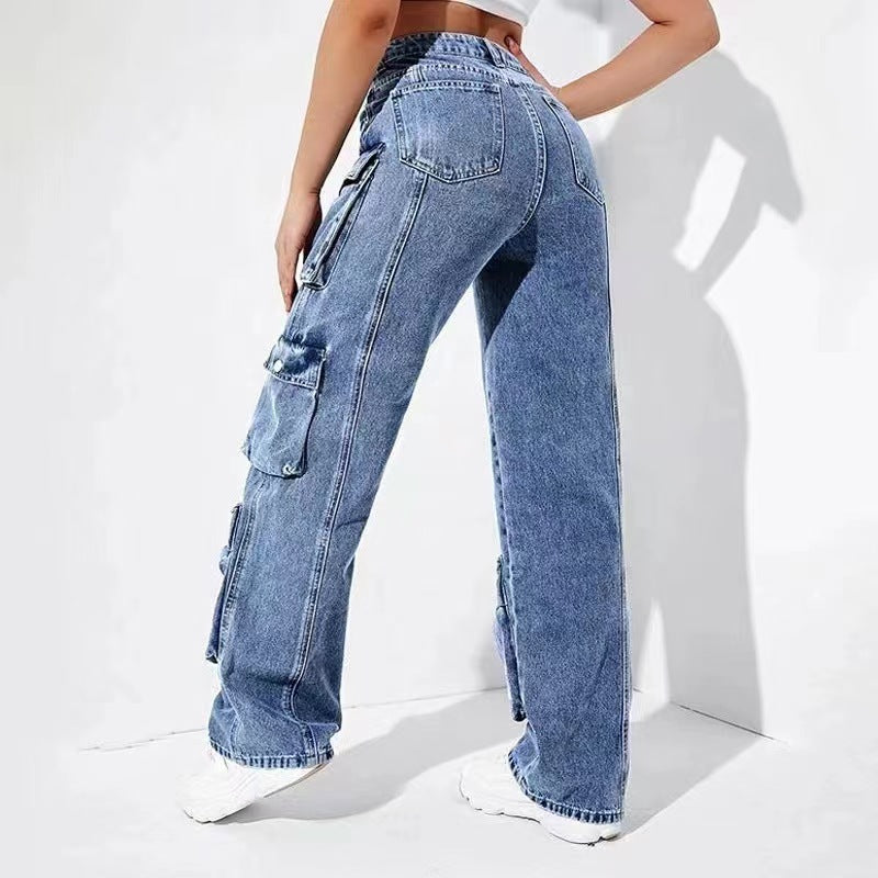 Women Jeans Overalls High Waist Flap Pocket Women Pants Loose Fit Women Pants