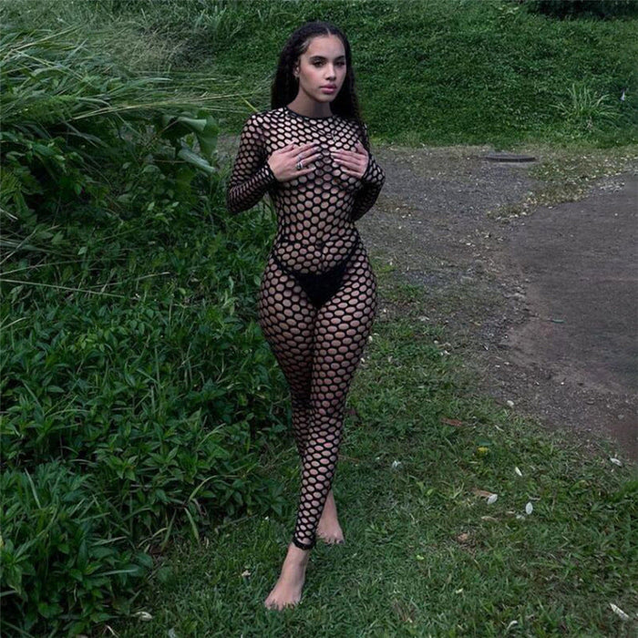 Spring Women Solid Color Long Sleeve Fishnet Hollow Out Cutout round Neck Slim High Waist Sheath Jumpsuit