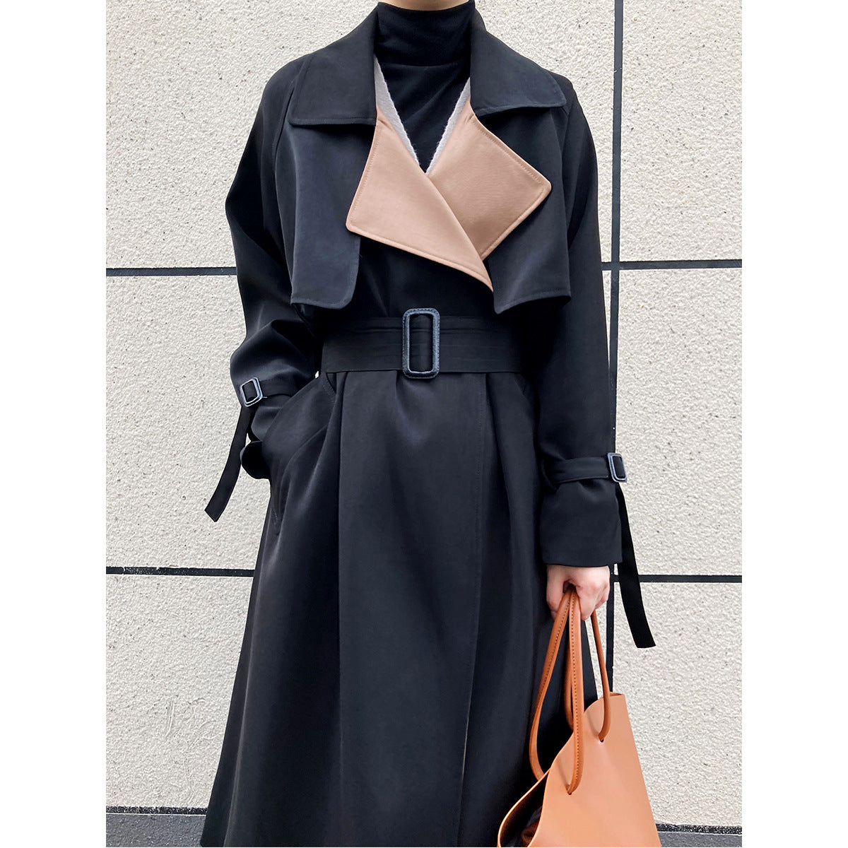 Elegant Stitching Contrast Color Trench Coat Women Mid-Length over-the-Knee Large Collared Waist-Controlled Overcoat