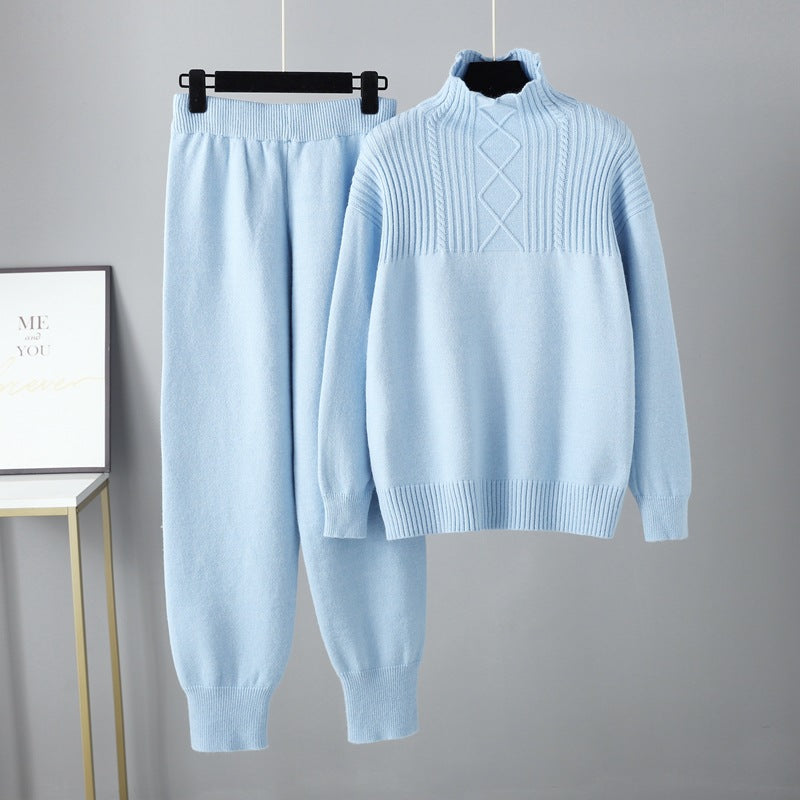 Half Turtleneck Casual Loose Sweater for Women Autumn Winter Gentle Soft Glutinous Knitted Trousers Suit for Women