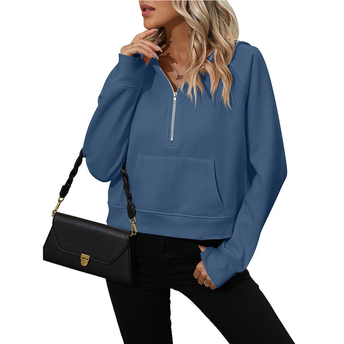 Ladies Half Zip Pullover Hooded Sweatshirt Fleece Short Chic Sweatshirt