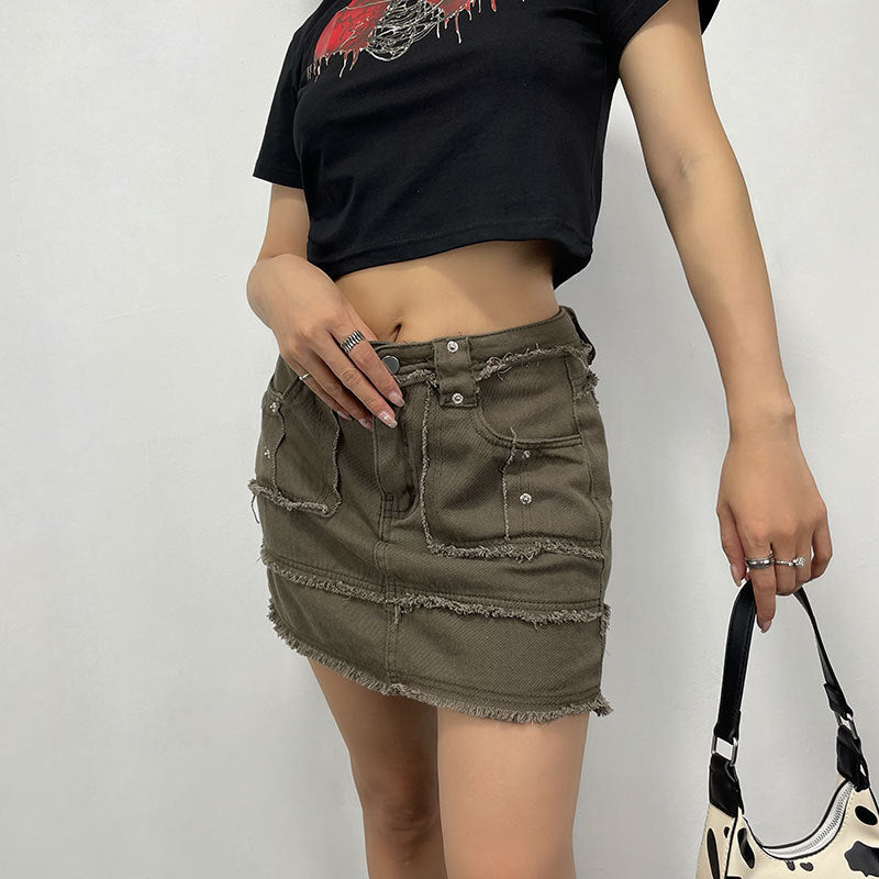 Retro Low Waist Brown Frayed Bright Line Sheath Skirt Summer A line Denim Skirt