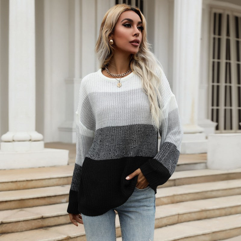 Autumn Women round Neck Loose Stitching Contrast Color Knitted Long Sleeve Sweater for Women