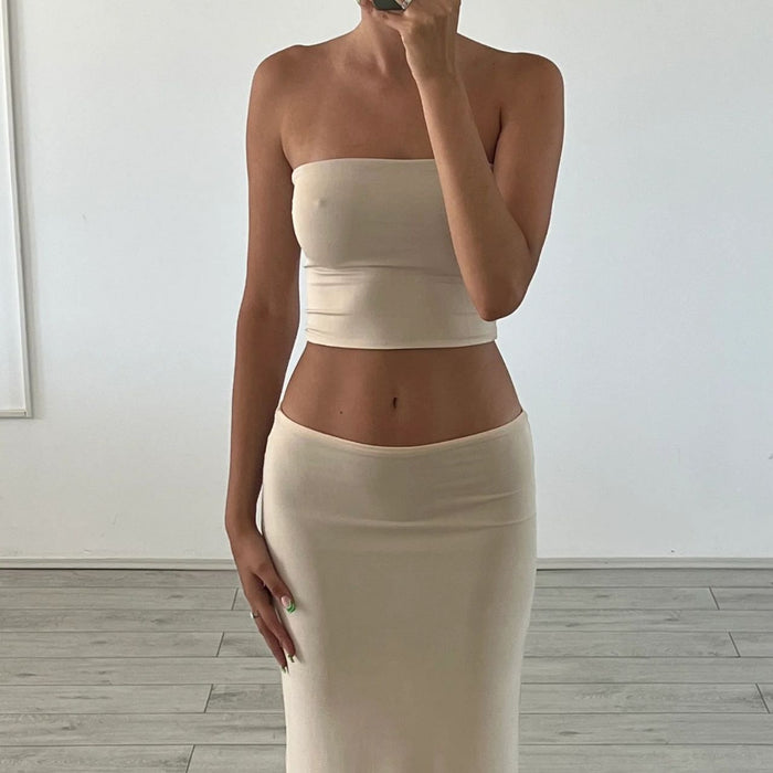 Women Clothing Sexy Tube Top Suit Skirt Short Cropped Top Half Length Dress Two Piece Set